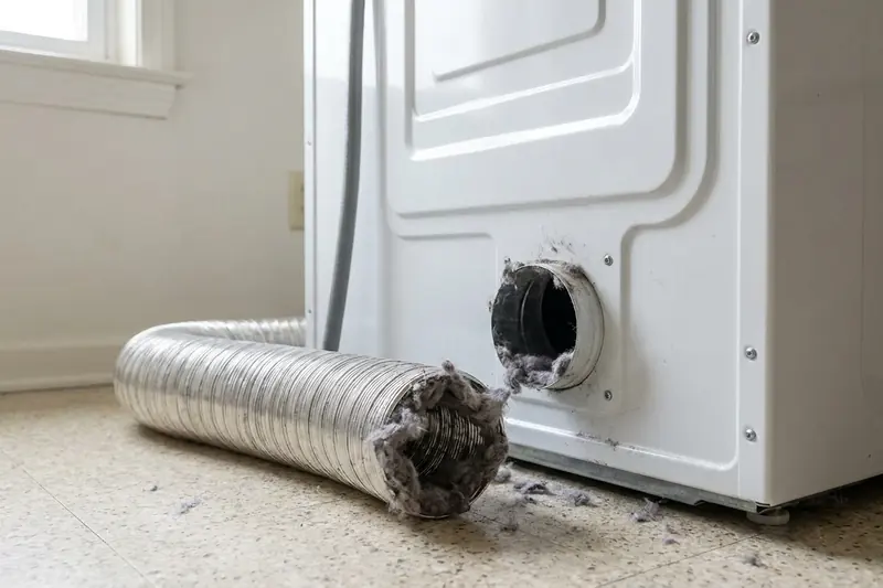 Dryer duct detached from the wall vent and packed with lint