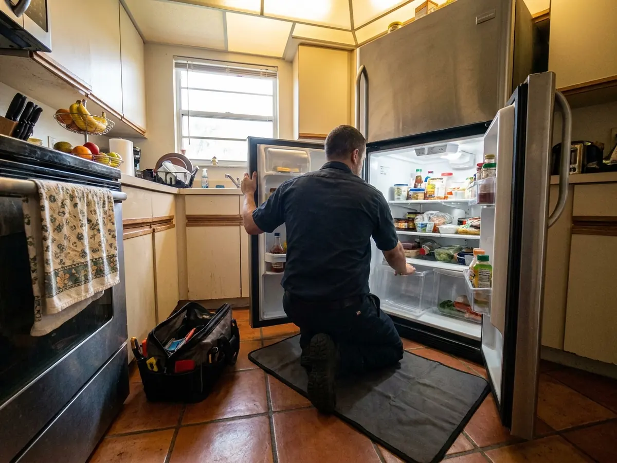 Appliance repair technician kneeling at an open refrigerator in a Miami kitchen