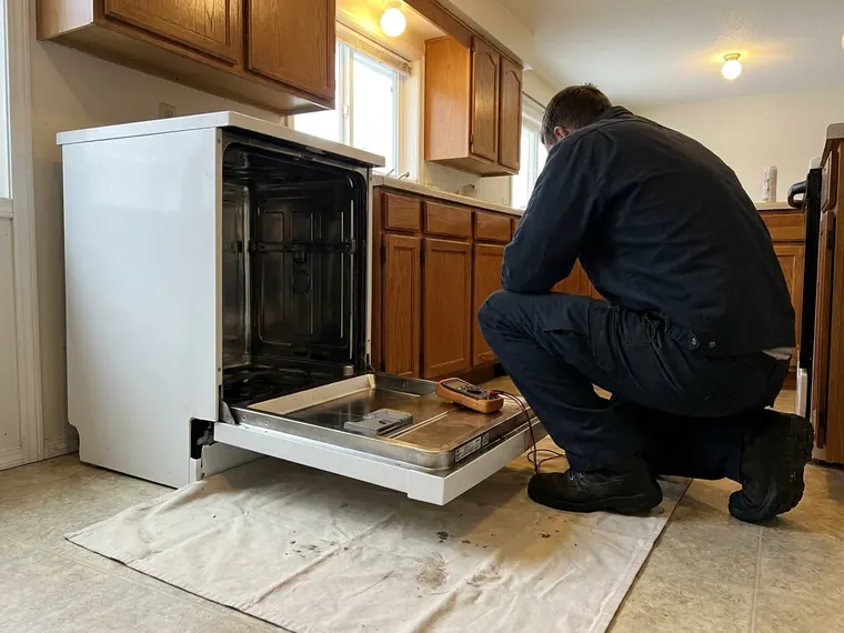 Technician testing a dishwasher pulled forward from under the counter